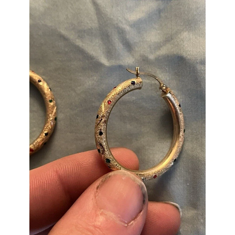 14K YELLOW GOLD MULTI-COLOR DROP  EARRINGS RED GREEN BLUE  HOOP LOOP 6.2G GRAM
